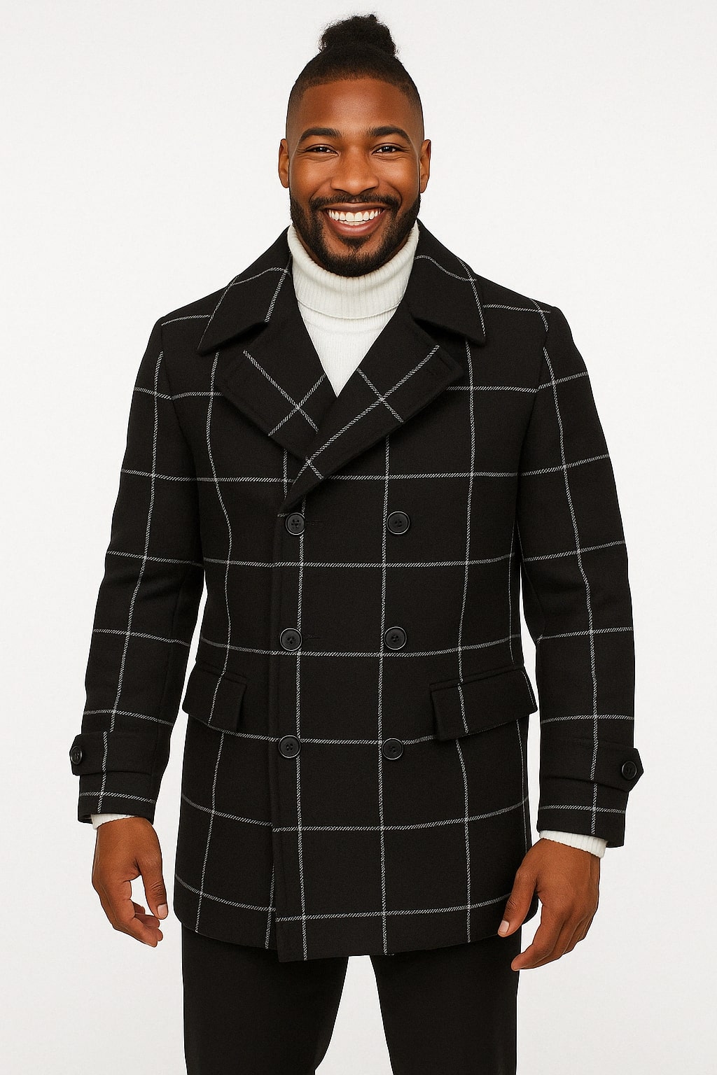 Coat Mens Black Windowpane Check Wool Overcoat – Double-Breasted