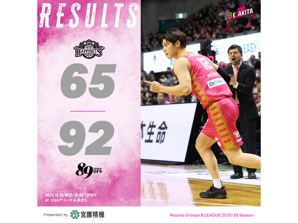 試合結果】12/10（水）第13節 VS 仙台89ERS@CNAアリーナ☆あきた