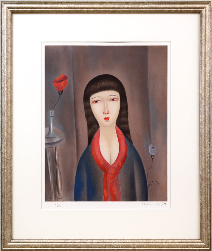 斎藤真一「赤いスカーフの女」リトグラフ 絵画買取・販売の小竹美術