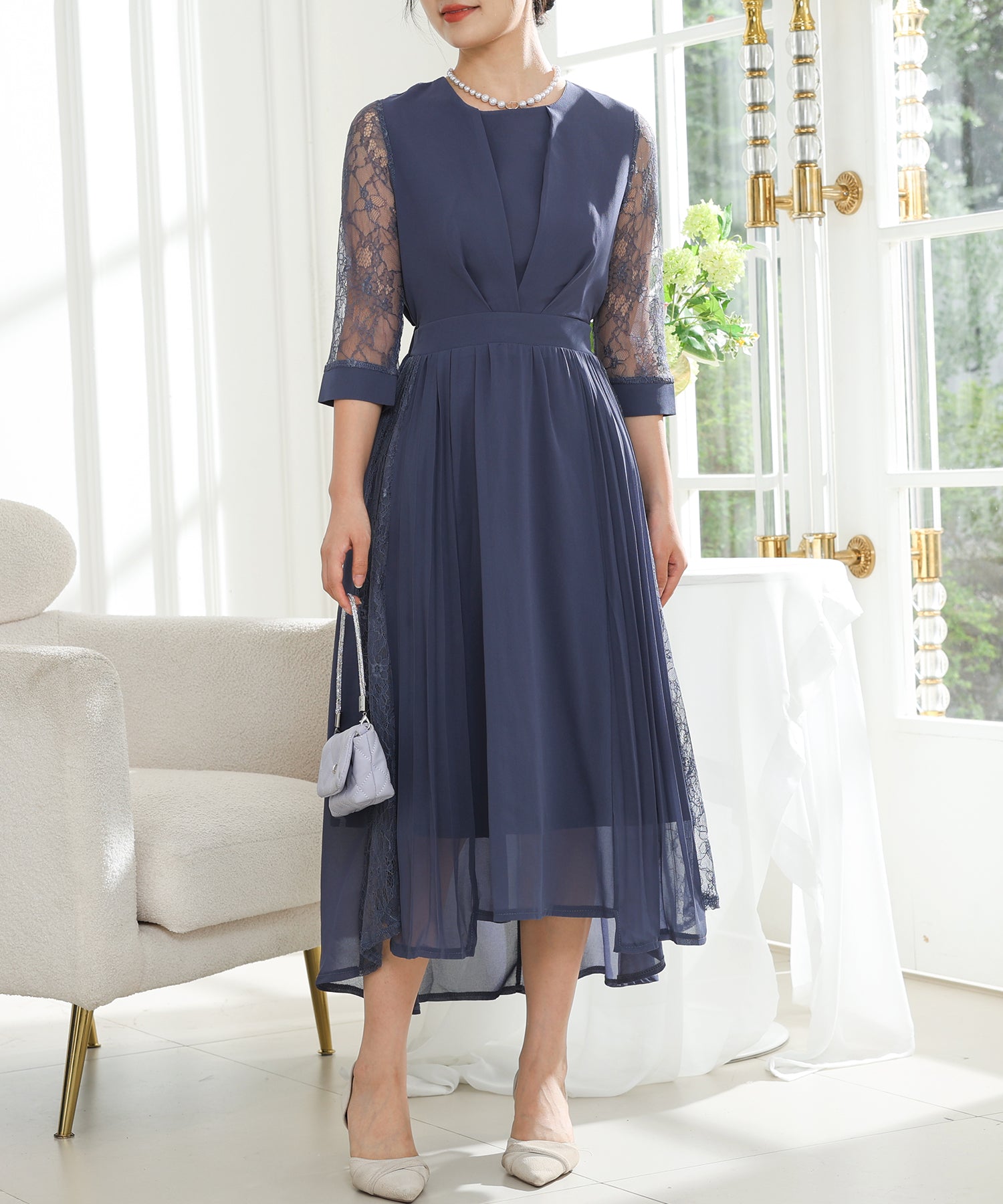 チュールフリル シアー 切り替え フレア ロング ドレス – Lace Ladies