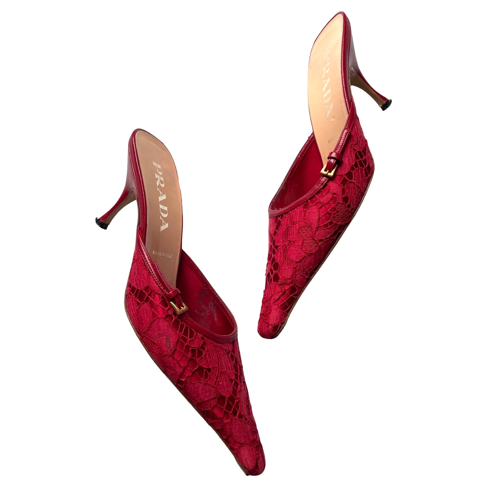 Prada red lace kitten heel mules 38 - Lanabu