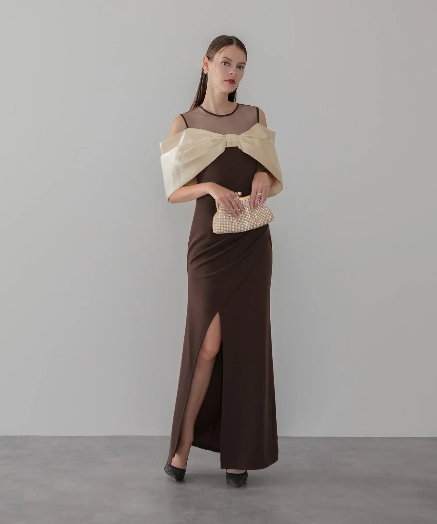 LEJA LUXE】ビッグリボンシアーショルダードレープロングドレス