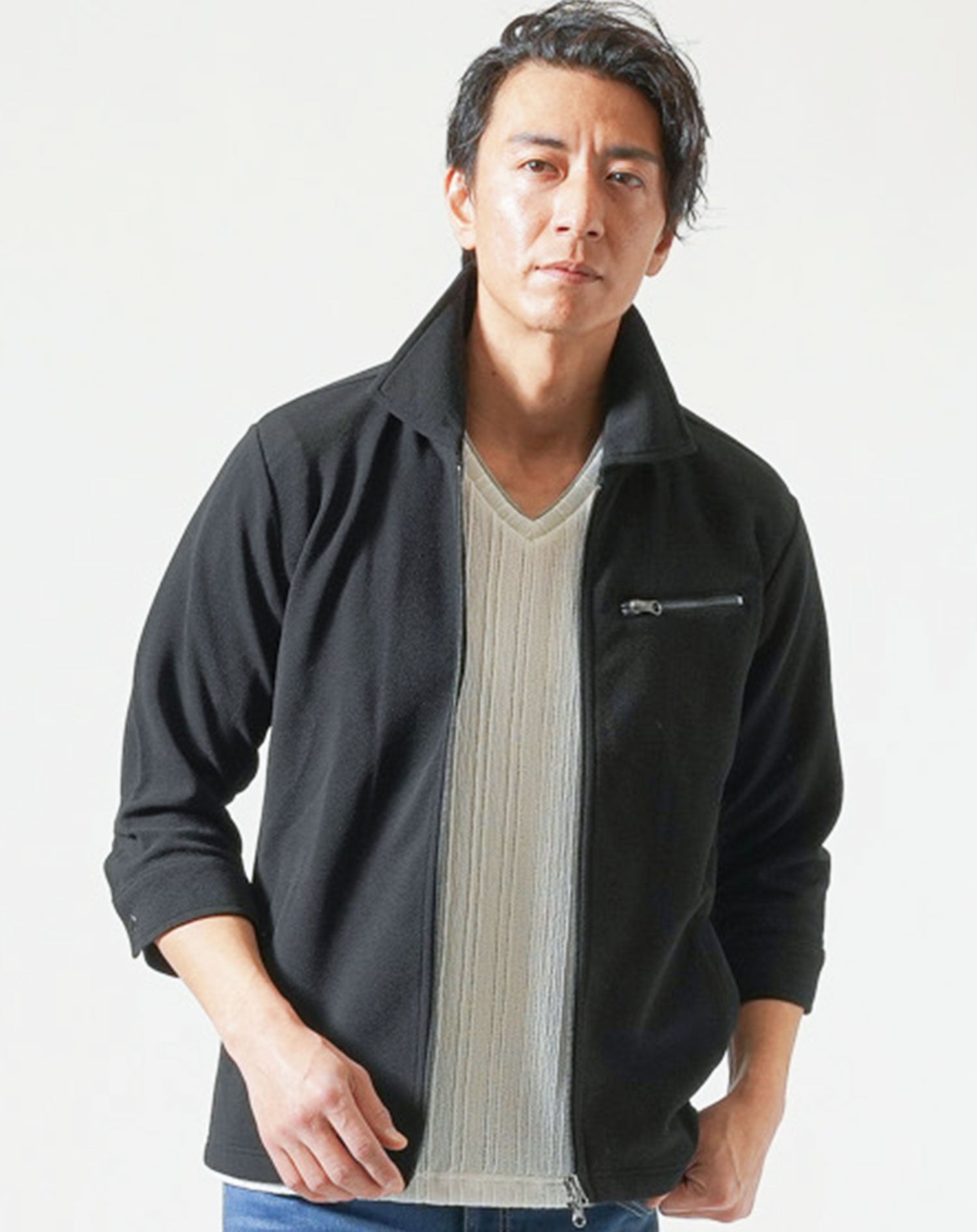 ジップデザイン7分袖ライダースジャケット ライダースジャケット