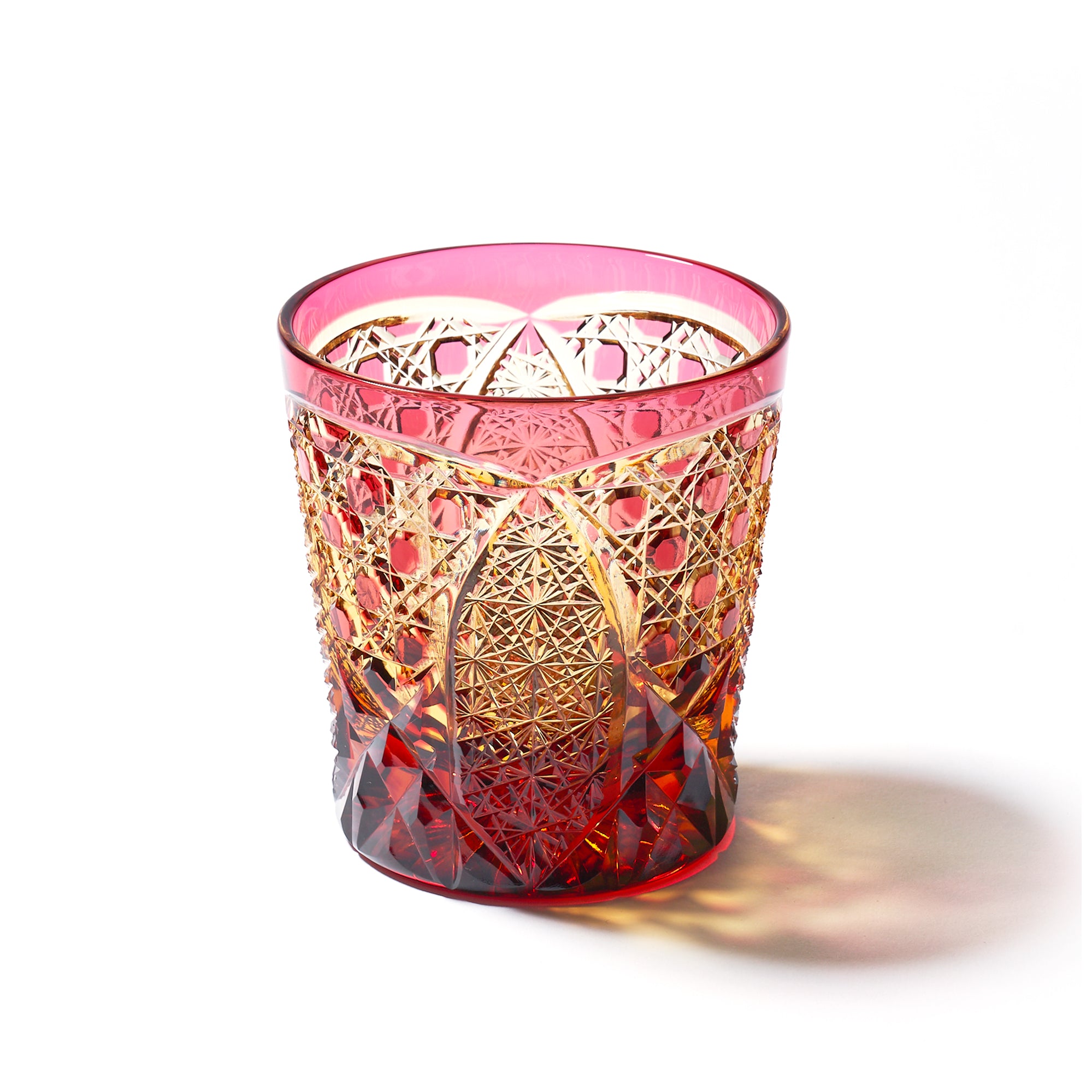 江戸切子 伝統工芸士 木村泰典 作 菊繋ぎに籠目紋 オールドグラス 琥珀