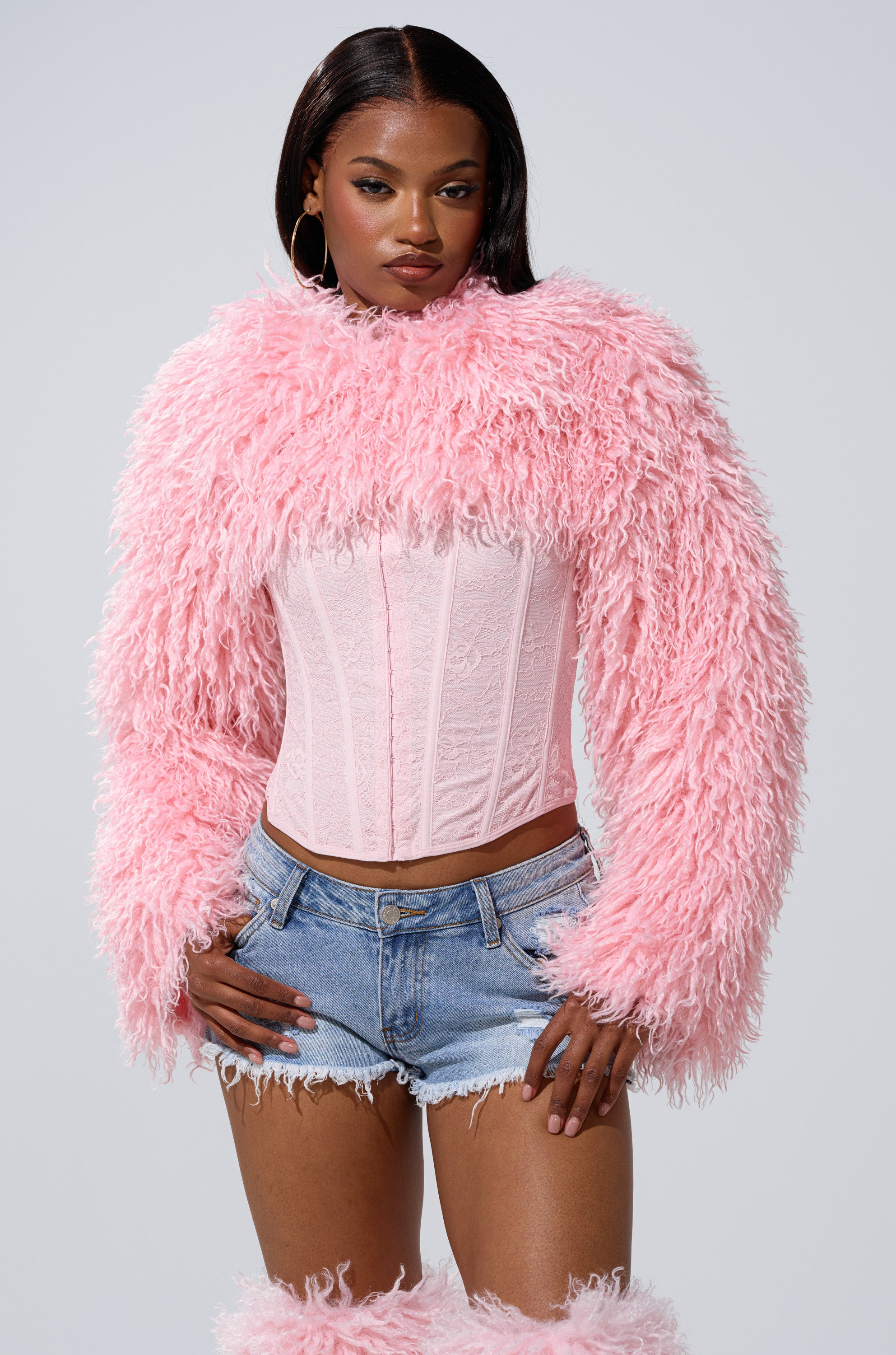 LEILA ULTRA CROP FAUX FUR IN LIGHT PINK – AKIRA