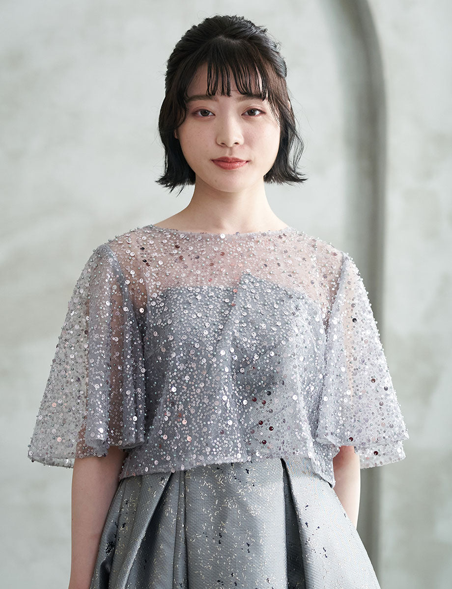スパンコールチュールレース フレアスリーブロング丈ボレロ シルバー