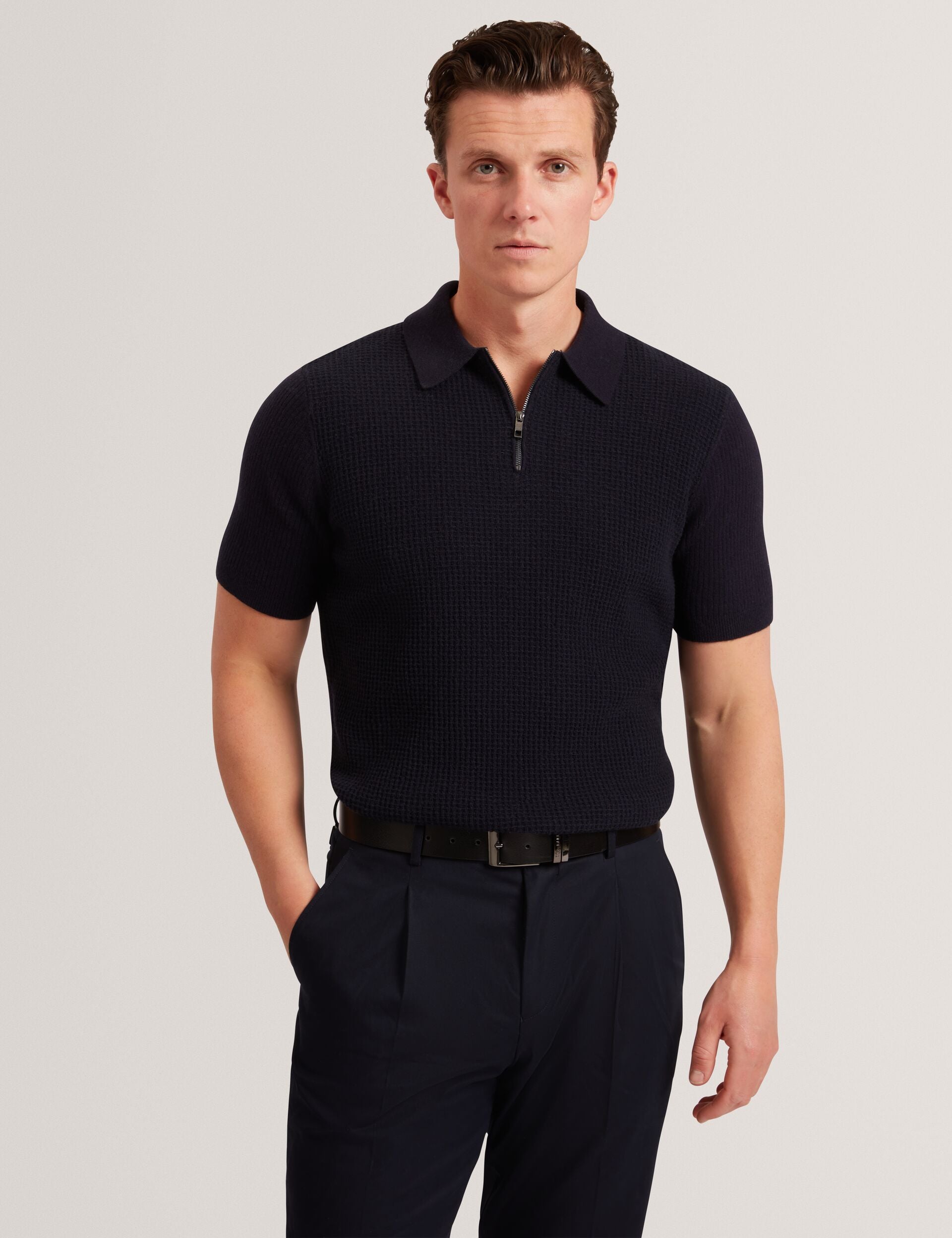 Waffle Knit Zip Neck Short Sleeve Polo | Jaylon | Ted Baker UK