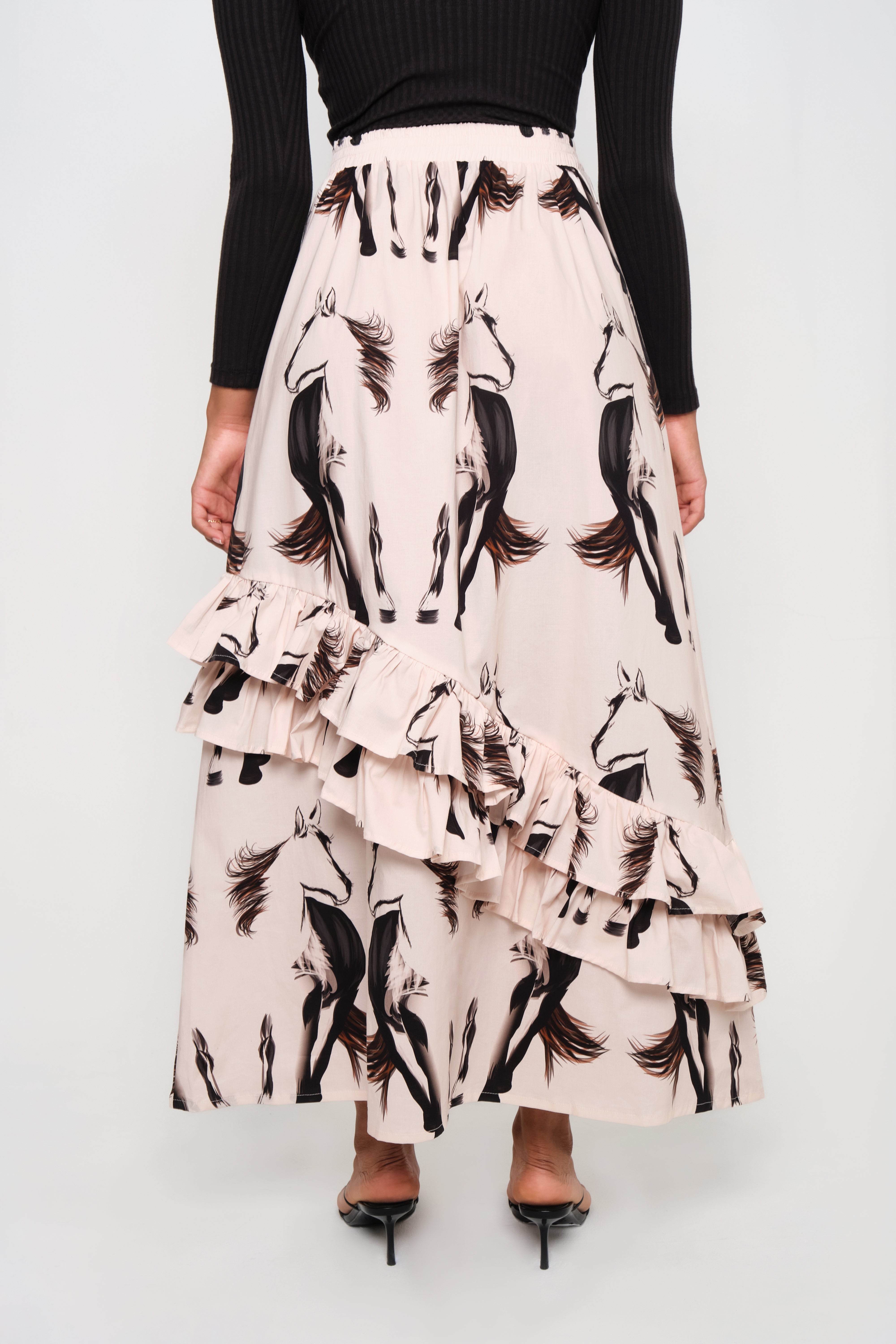 Asymmetrical Ruffle Maxi Skirt in Horse Print | Gaucho Skirt | The