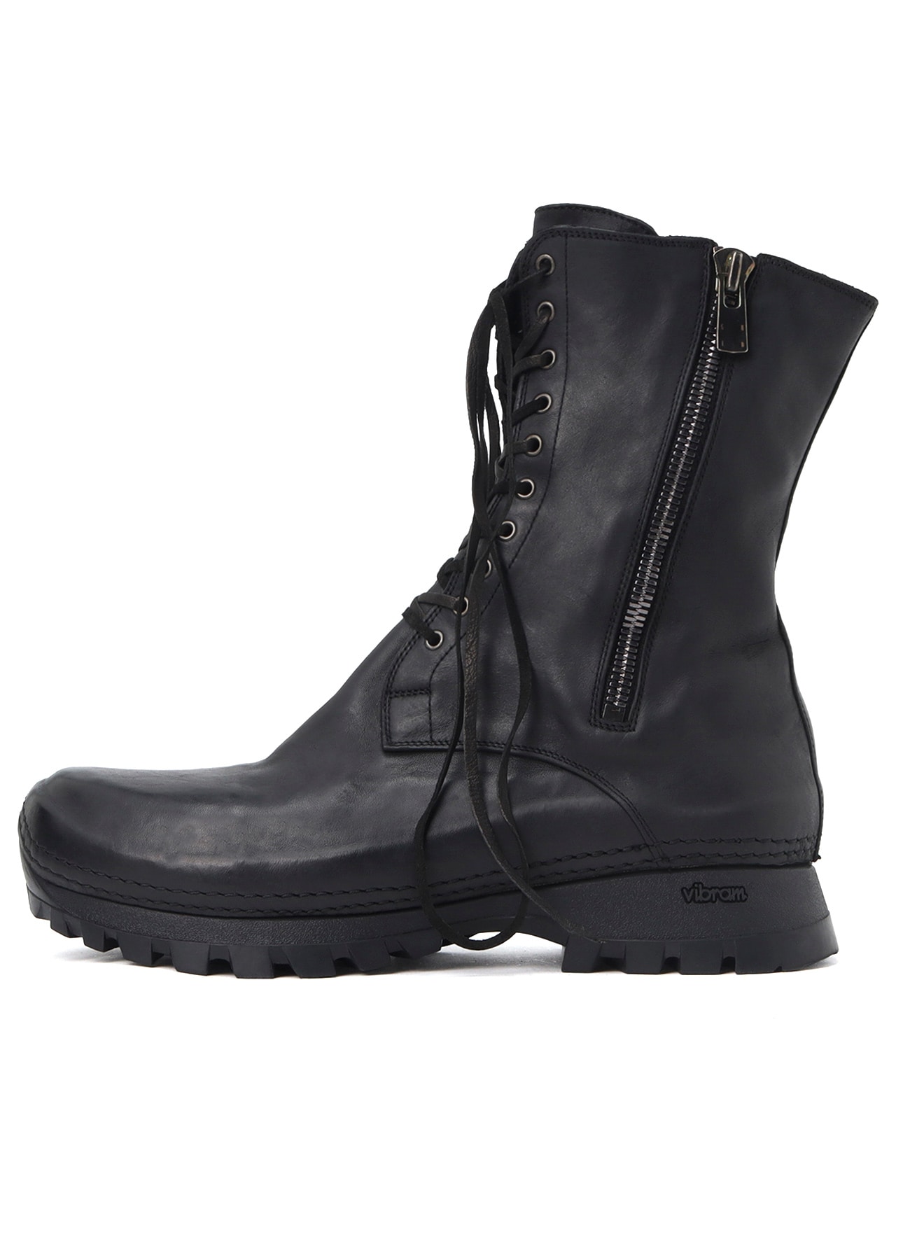 FULL GRAIN HORSE LEATHER LACE UP SIDE ZIP BOOTS(27 Black): Yohji