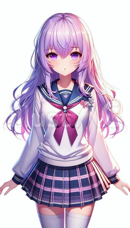 薄紫色の髪の女子高生 立ち絵 学生イラスト - No: 25156696｜無料