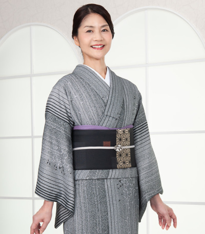 お仕立済み】桐生織 京袋帯(横段破れ麻の葉：黒) 京袋帯 【きもの都粋】