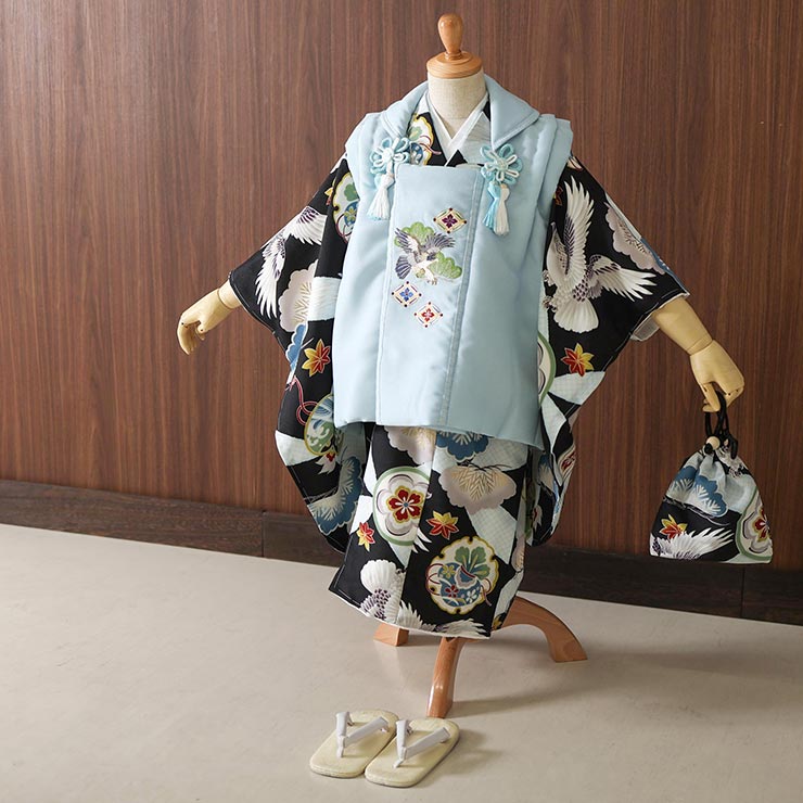 楽天市場】七五三 着物 被布セット 男の子 松と鷹に七宝 黒 被布 水色