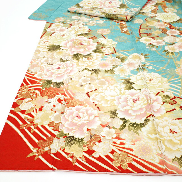 楽天市場】【新品】 振袖 袷 着物 正絹 絹 刺繍 水色 扇 四季の花 牡丹