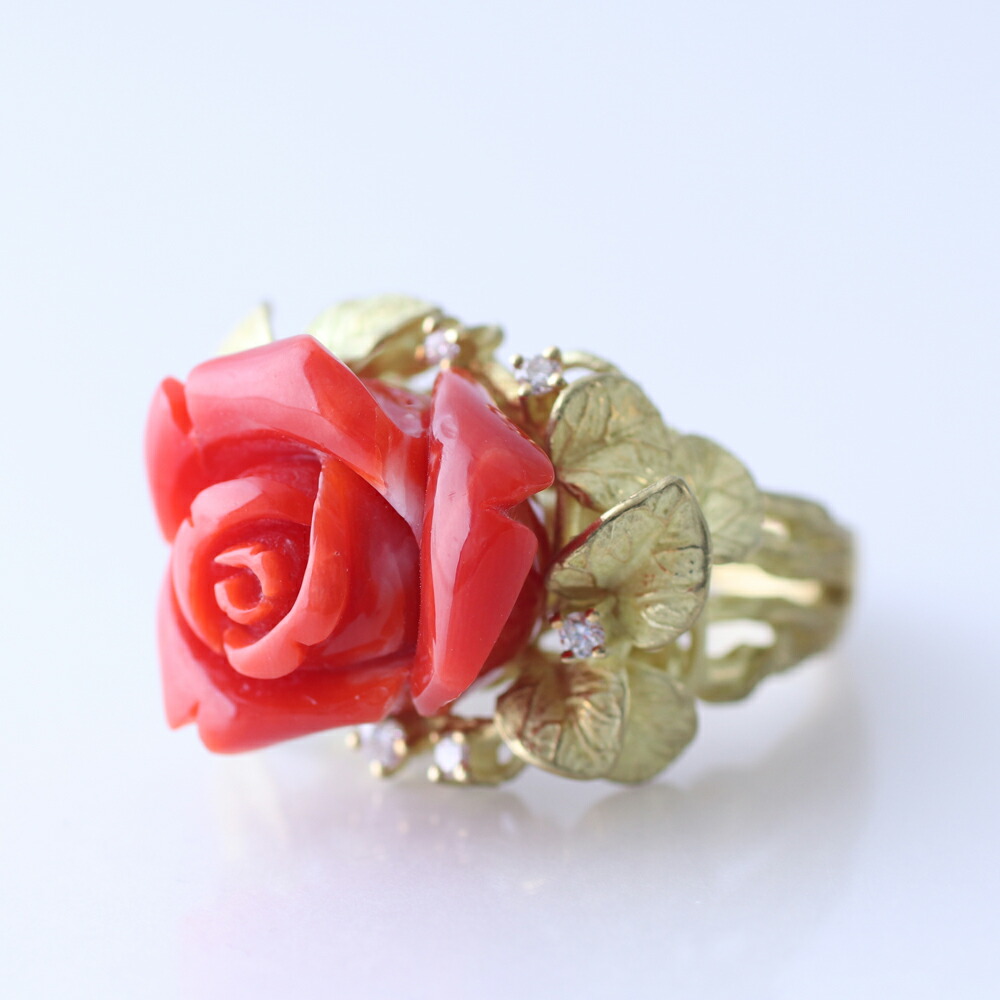 楽天市場】日本産血赤珊瑚＜薔薇 ローズ＞K18リング シンプル 差し色