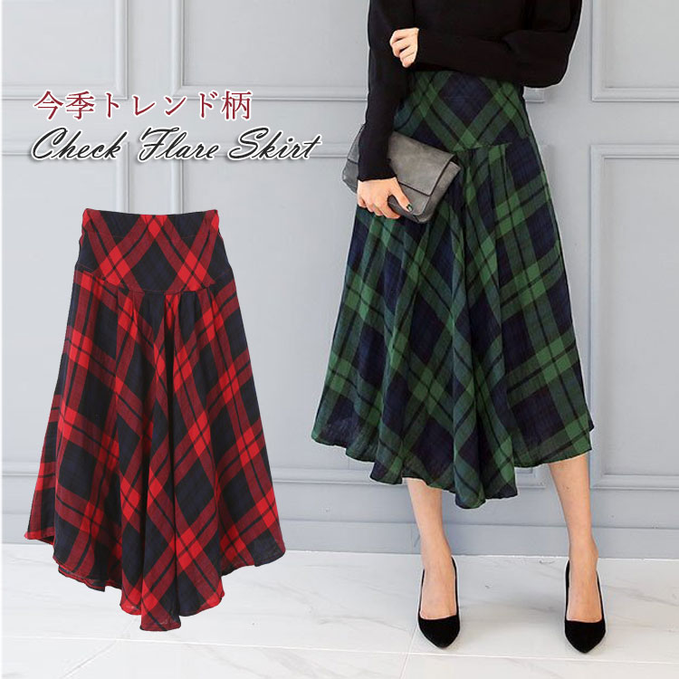 楽天市場】チェックフレアスカート レディース Aライン 切り替え 360