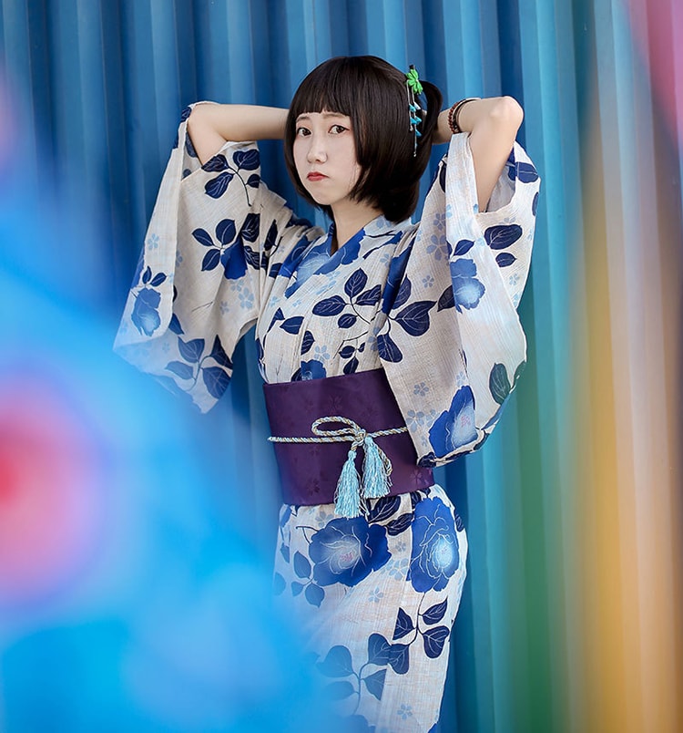 楽天市場】浴衣 レディース 青 花柄 短め 3点セット 兵児帯