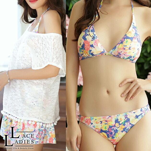 楽天市場】花柄ビキニ ショートパンツ レースカバーアップ付き 水着 4