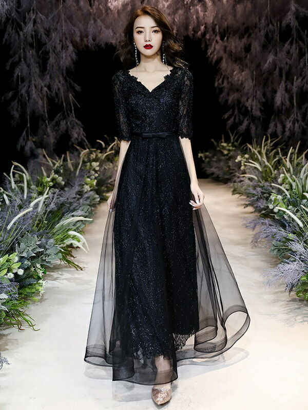 楽天市場】送料無料 ロングドレス 黒 袖付き 演奏会用ドレス ピアノ