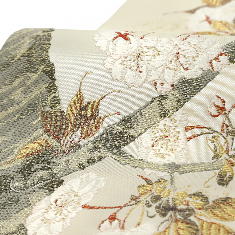 楽天市場】袋帯 正絹 浅山織物 真珠箔 白地 生成 桜 桜の木 西陣織