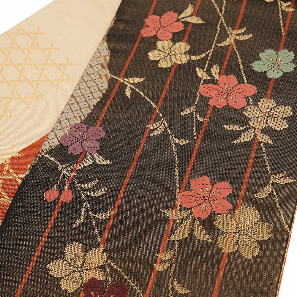 楽天市場】【 中古 】 半幅帯 唐織 茶 さくら 縞 中古 帯 リサイクル