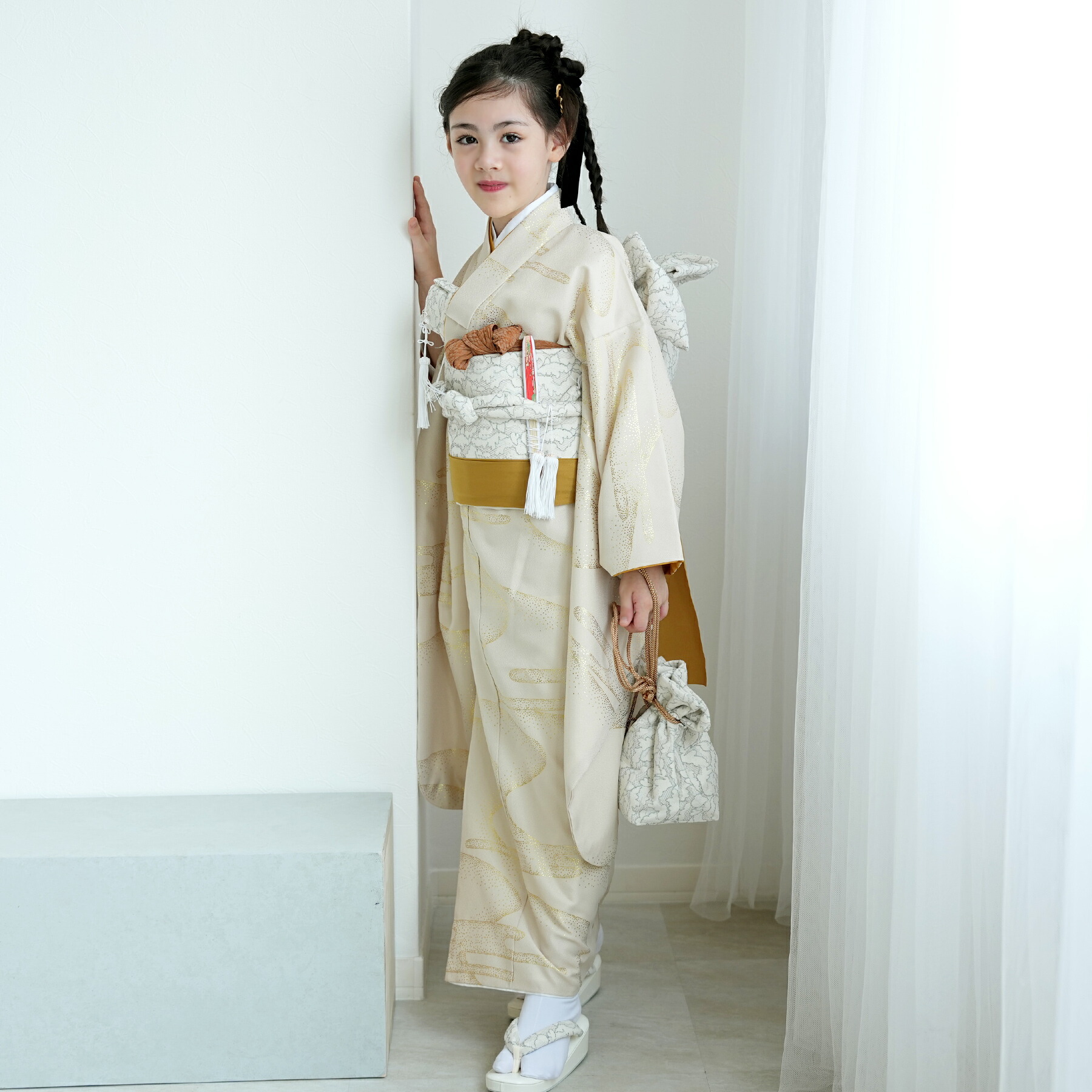 411ag20□七五三 七歳 セミアンティーク 女児 着物&開き帯&長襦袢 桐□ アンティーク風 正絹 七五三（子ども） 7歳 No.JA-5159のレンタル