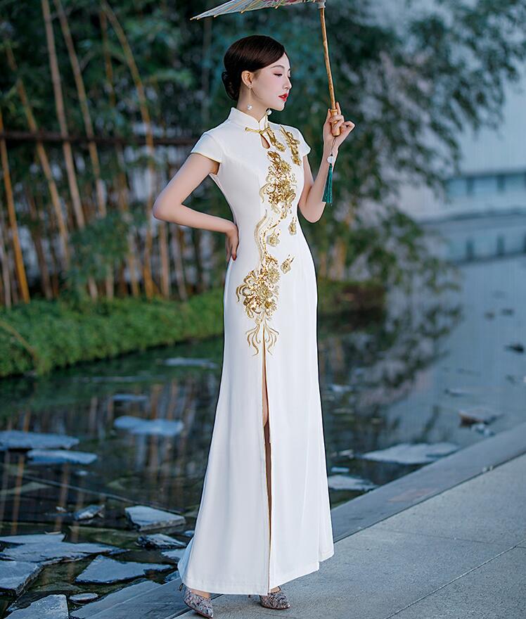 楽天市場】ロングチャイナドレス マキシ丈 半袖 マーメイドライン