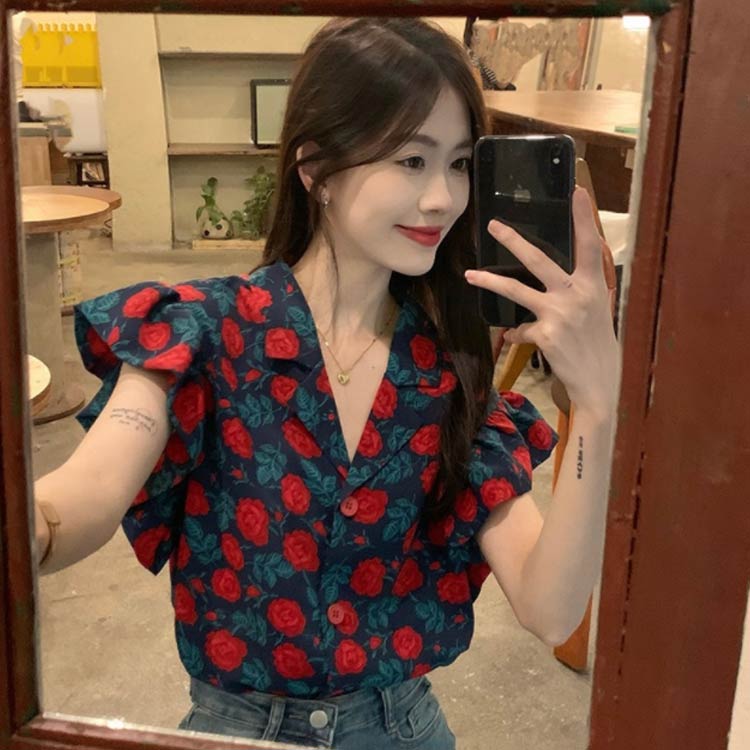 楽天市場】柄シャツ フリル レディース 総柄 ブラウス ローズ柄 バラ柄