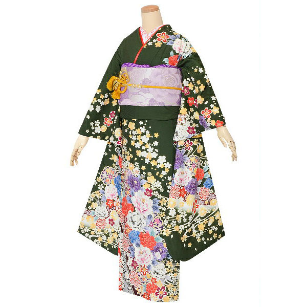 楽天市場】【成人式 振袖 レンタル】RS1505深緑 流水牡丹桜フルセット