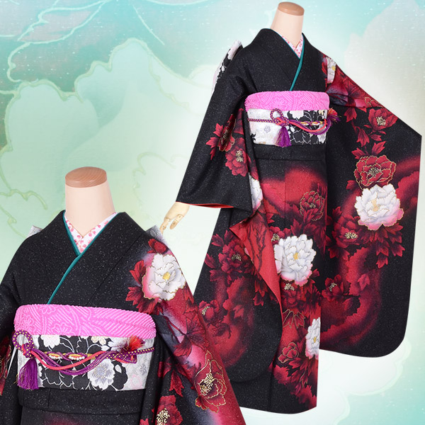 楽天市場】【振袖 レンタル】 結婚式 結納R1744 正絹 黒赤 牡丹花（絹