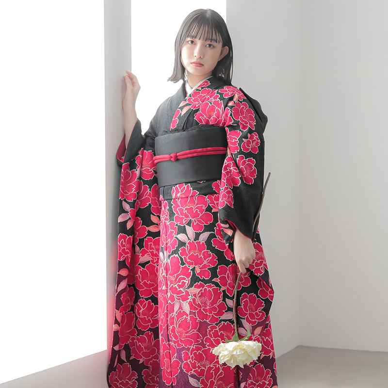 楽天市場】【振袖 レンタル】 結婚式 結納R1164 正絹 黒 紅桜花 振袖