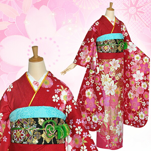 楽天市場】【成人式 振袖 レンタル】RS1237 正絹 赤 桜と百合に蝶フル