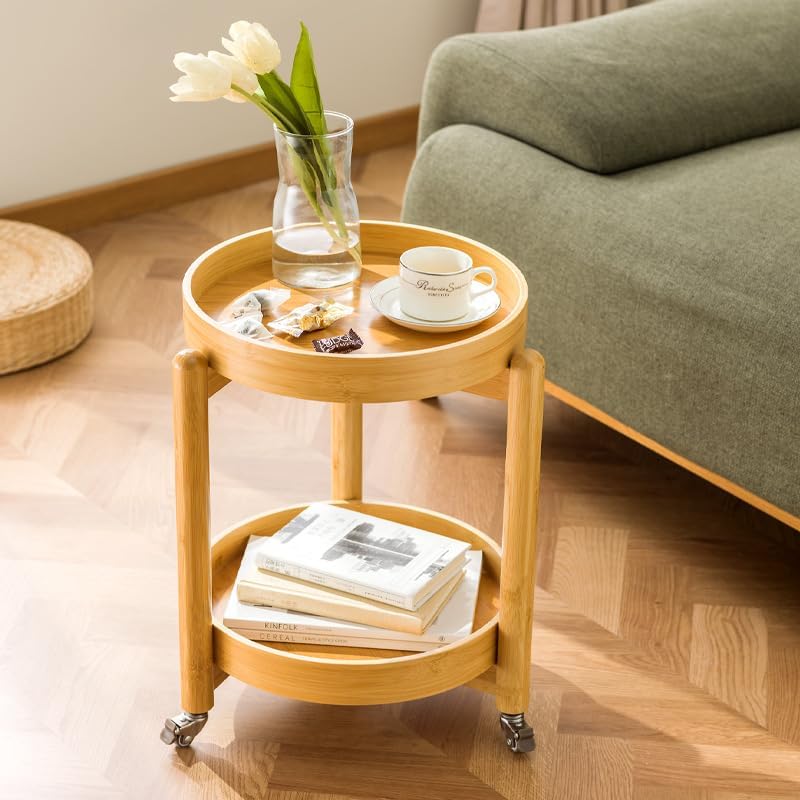 楽天市場】サイドテーブル キャスター付き 竹製 丸型 取り外し可能な