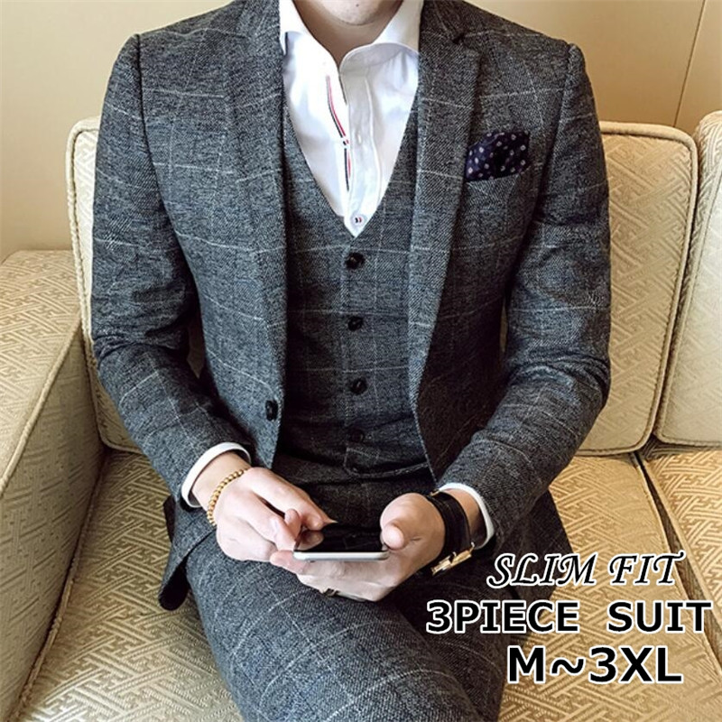 楽天市場】チェック柄 ビジネススーツスリーピーススーツ メンズ