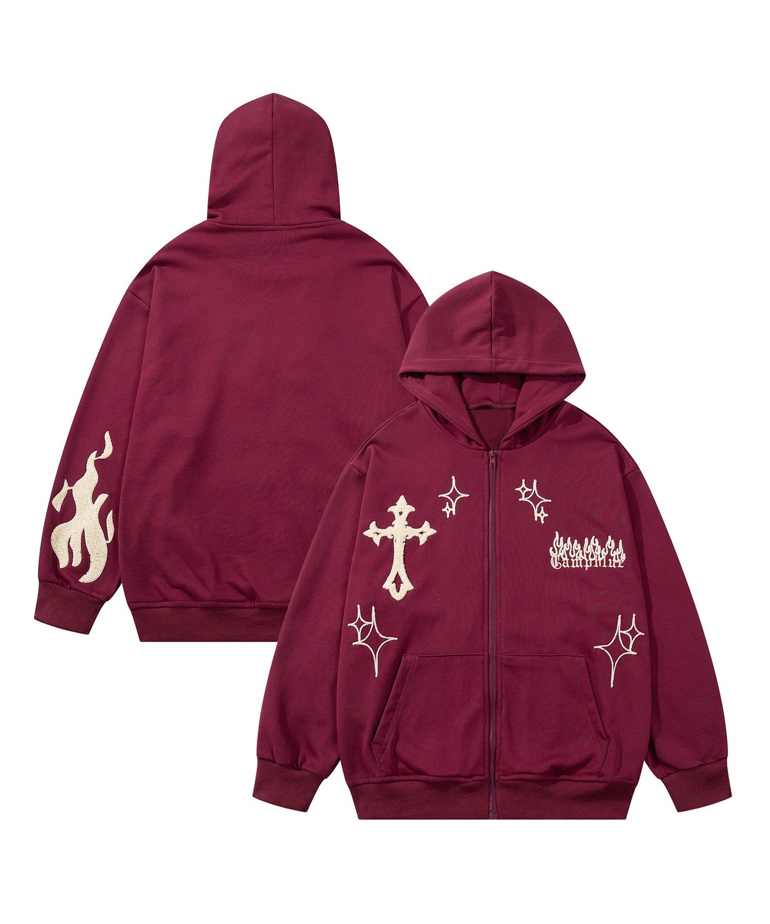 aimoha｜【HOOK】クロスと炎刺繍ジップパーカー | Rakuten Fashion