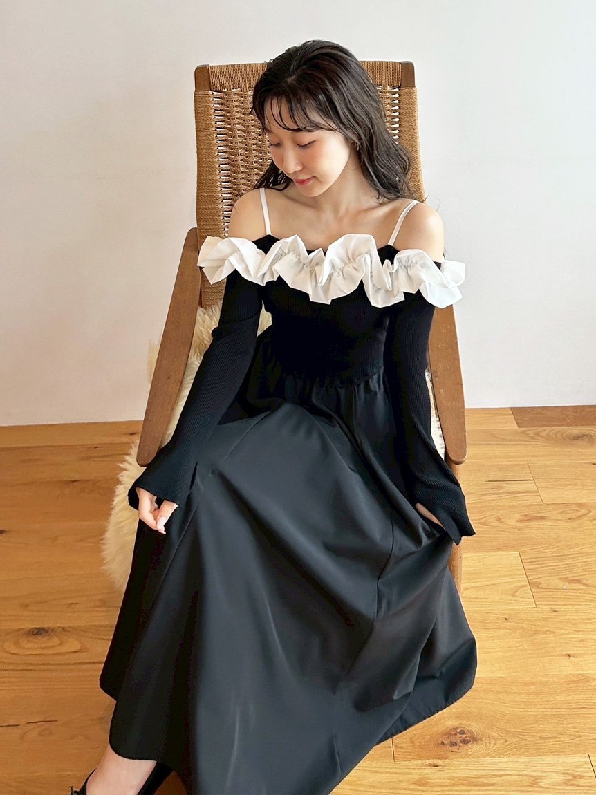 LILY BROWN｜フリルカラーニットコンビワンピース | Rakuten Fashion