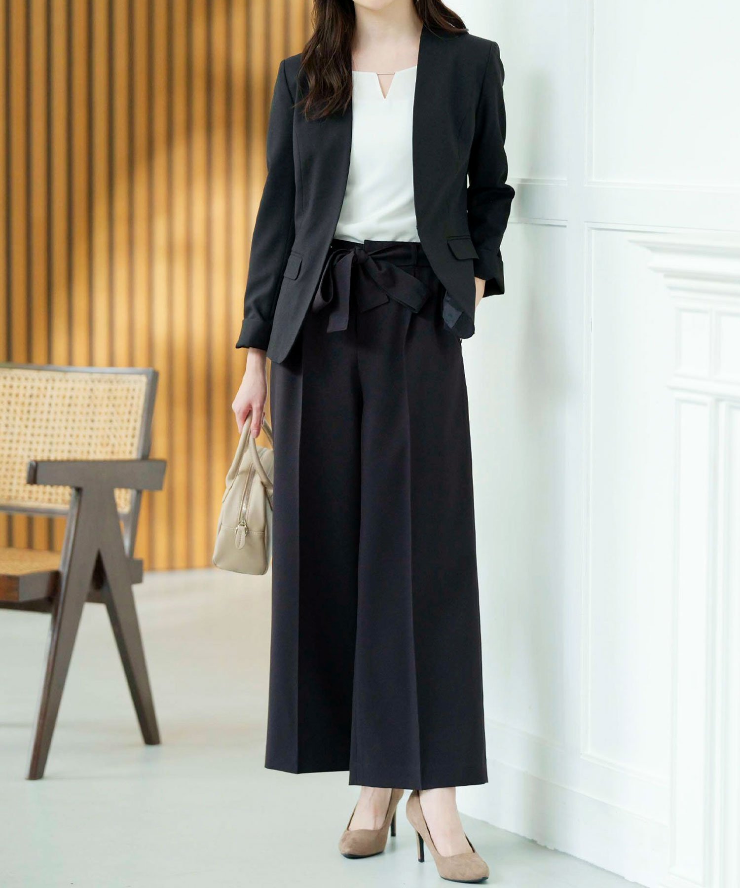 GeeRA｜【2点セットアップ】洗えるノーカラーワイドパンツスーツ