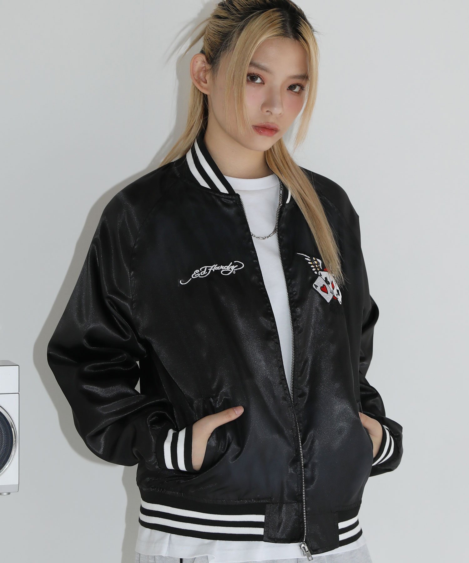 90s　ビンテージ　スカジャン　和柄刺繍　トラックジャケット　Y2K　グレー　黒 Ed Hardy（エド・ハーディー） スカジャン ヴィンテージライクマルチ