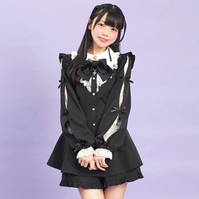 楽天市場】袖スリットレースフリルセットアップ8/30 12:00 ブラック再