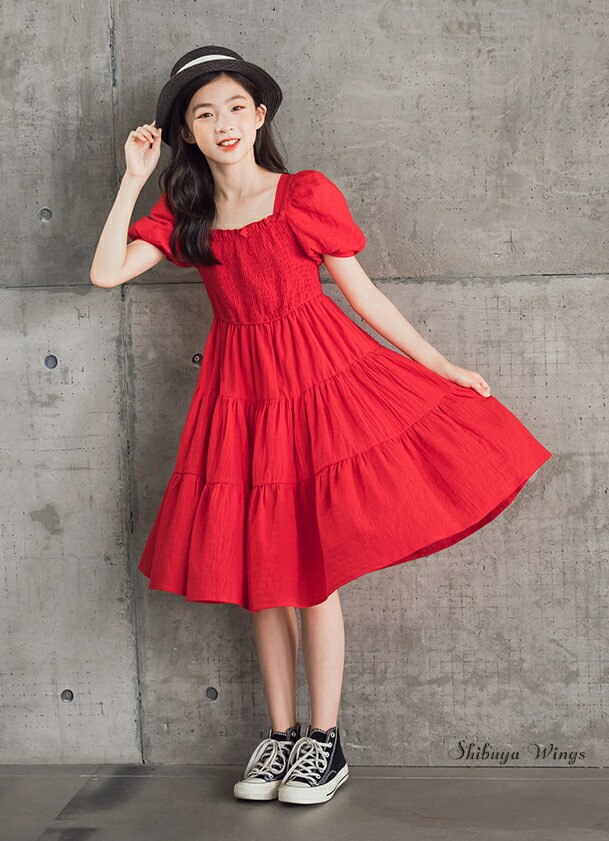 楽天市場】ワンピース 半袖 キッズワンピース レッド 赤 ティアード