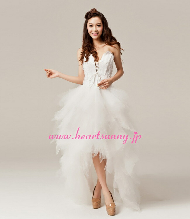 楽天市場】ウェディングドレス ミニ丈☆E297☆羽飾り深Vネックビスチェ