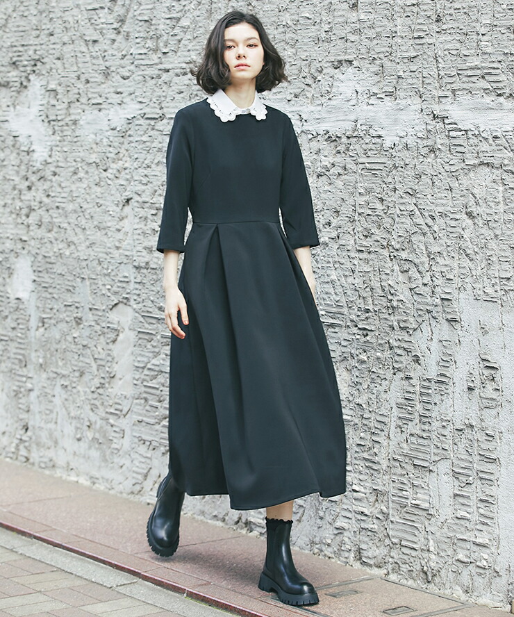 楽天市場】付け襟つきロング丈ワンピース ロングワンピース ワンピース