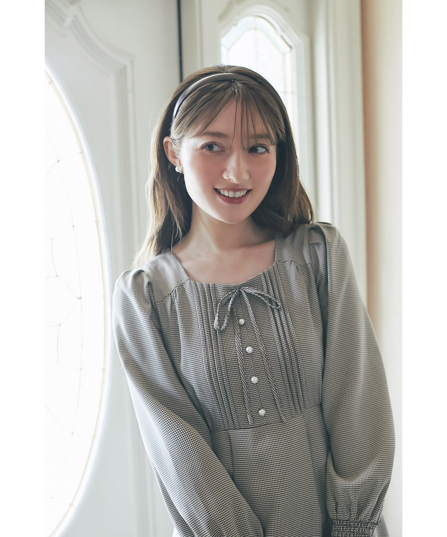 楽天市場】リボン＆パール付きバックレースアップ千鳥柄ワンピース