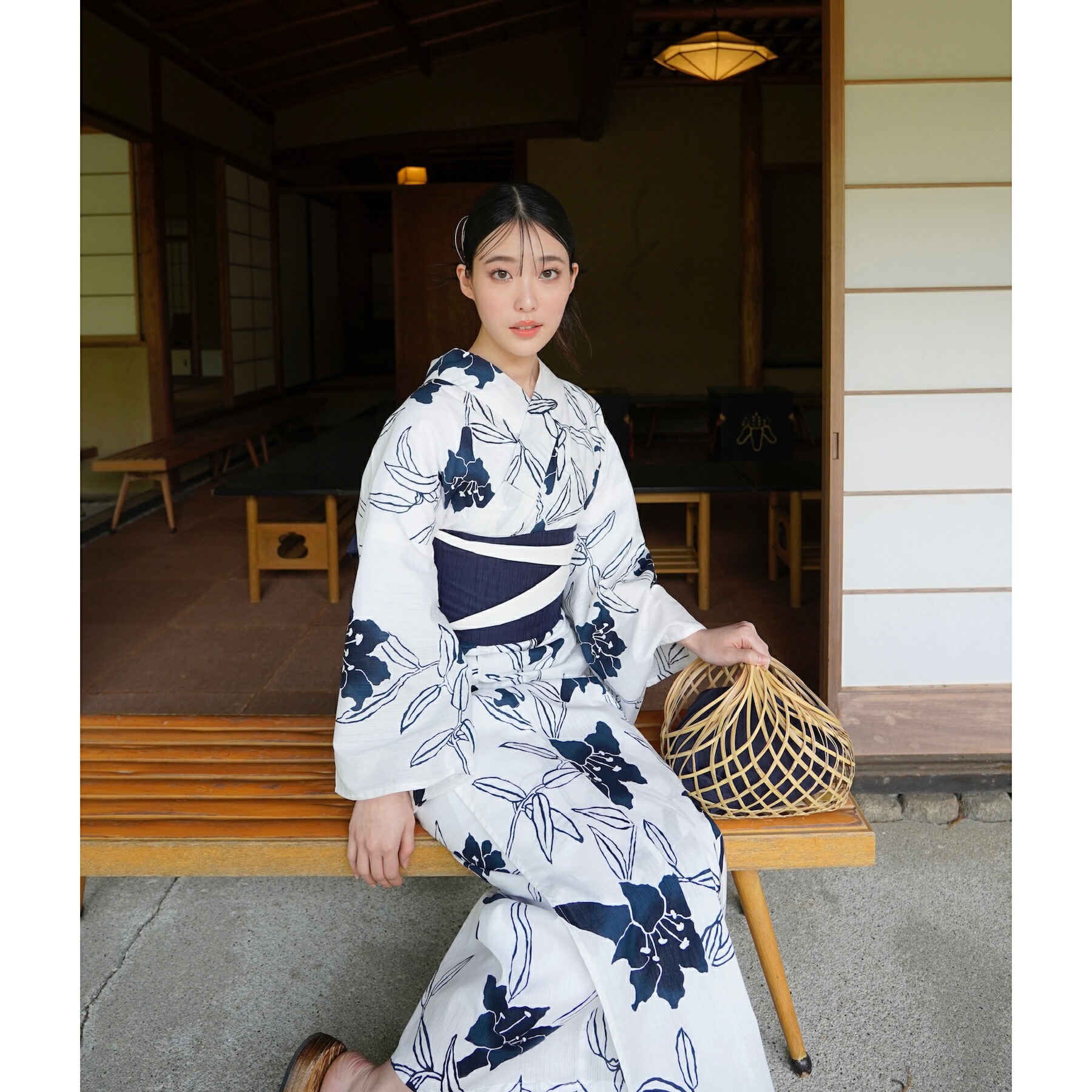 Acka × utatane 浴衣浴衣3点セット 百合 navy