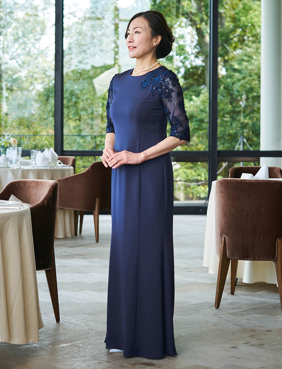 結婚式 母親ドレス ネイビー・マザーズドレス長袖 袖付き MD0404-DNY