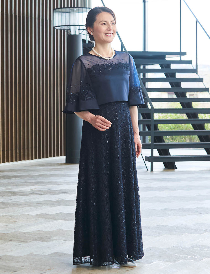 結婚式 母親ドレス ダークネイビー・マザーズドレス レース ケープ付き