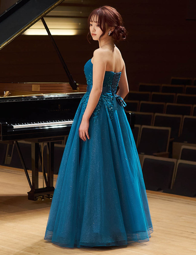 ブルーグリーン ロングドレス ベアトップ チュール 肩紐付き 発表会