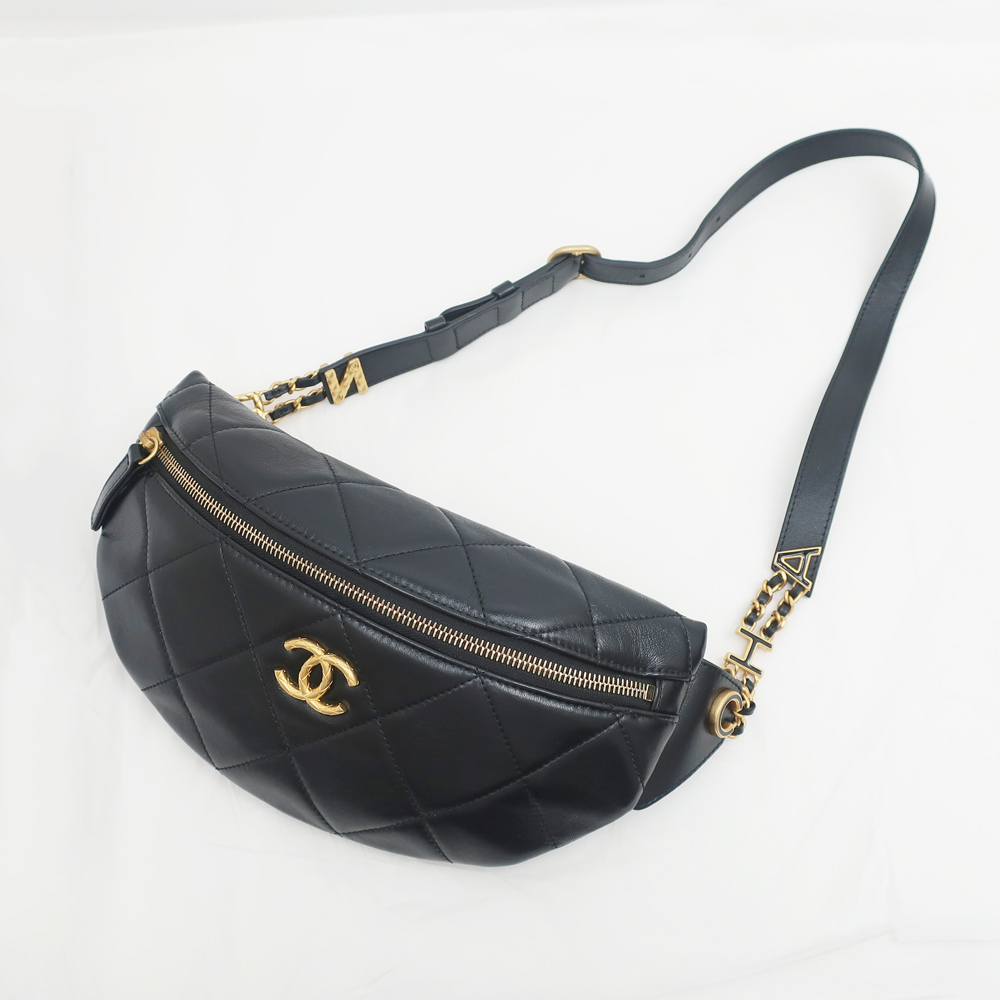 名東】【CHANEL】シャネル ウエストバッグ ラムスキン ブラック 黒