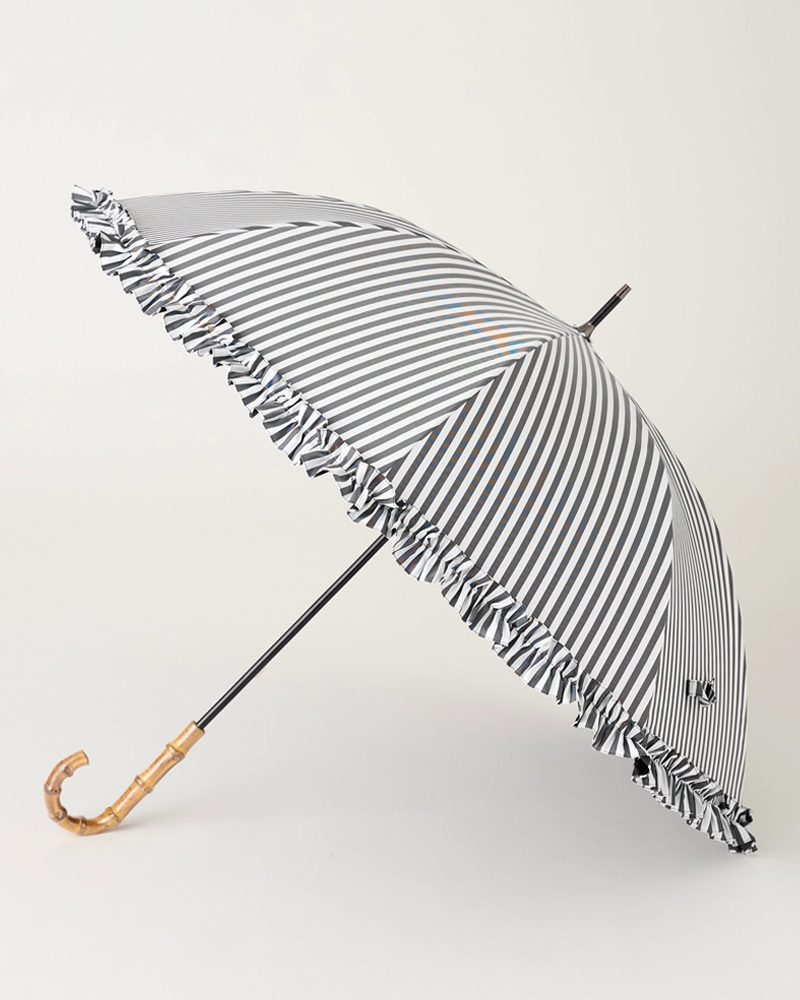 Mサイズ フリル / 白黒ストライプ | 完全遮光日傘｜サンバリア100