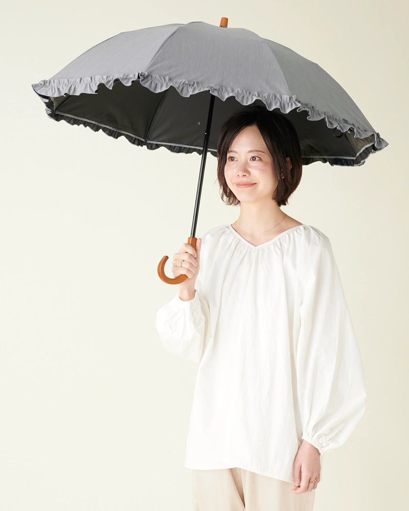 2段折 フリル / フロスト | 完全遮光日傘｜サンバリア100