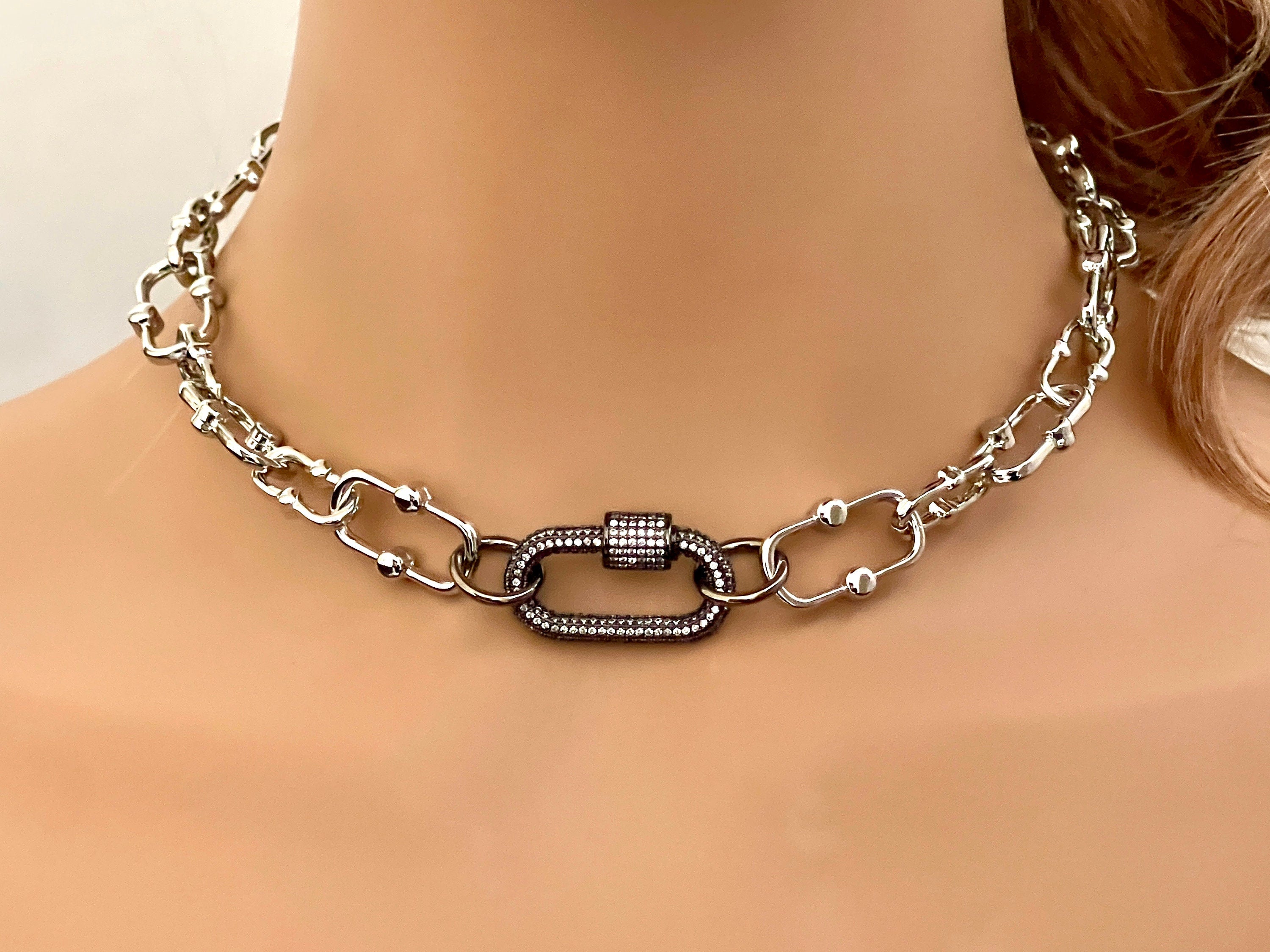 Silver Carabiner Necklace-Chunky Silver Cable Chain-Gunmetal Cubic